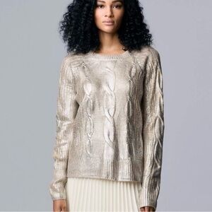 Vera Wang Simply Vera Foil Cable Pullover Metallic Cable Knit Sweater, size S